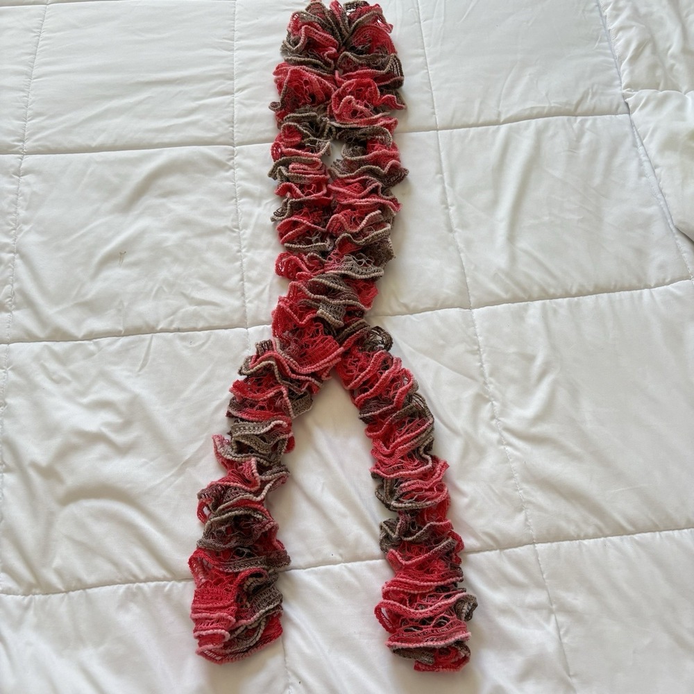 Handmade‎ Knitted Pink Brown Ruffle Scarf Ascot Feminine Dainty Coquette